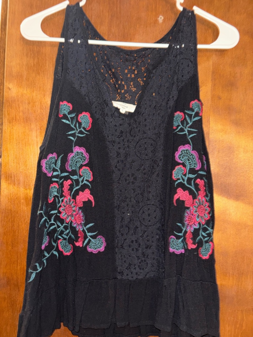 Black Crochet Tank with Floral Embroidery